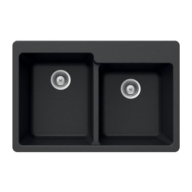 Houzer MIDNITE Quartztone Series Granite Topmount 60/40 Double Bowl Kitchen Sink, Black Kitchen Sink - Topmount Houzer